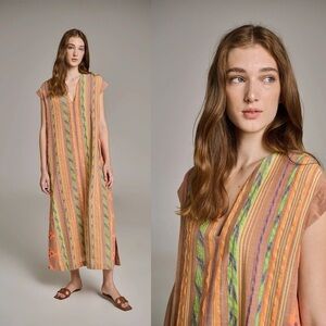 TUCKERNUCK Devotion Twins Beige Orange stripe Caftan Maxi dress size small
